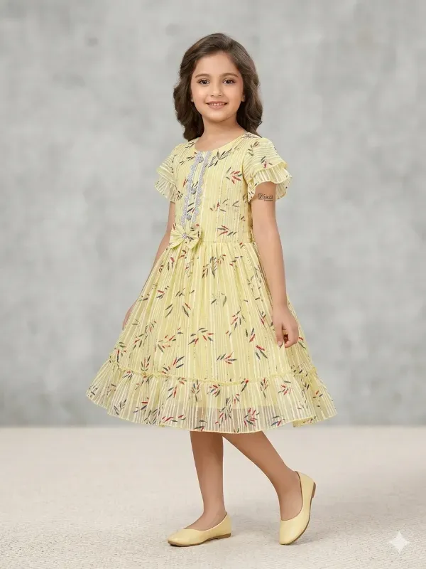 Trendy Kids Girls Pastel Yellow Printed Frock | Party Wear Knee-Length Chiffon Dress for Girls | Elegant Yellow Floral Printed Gown with Ruffle Sleeves