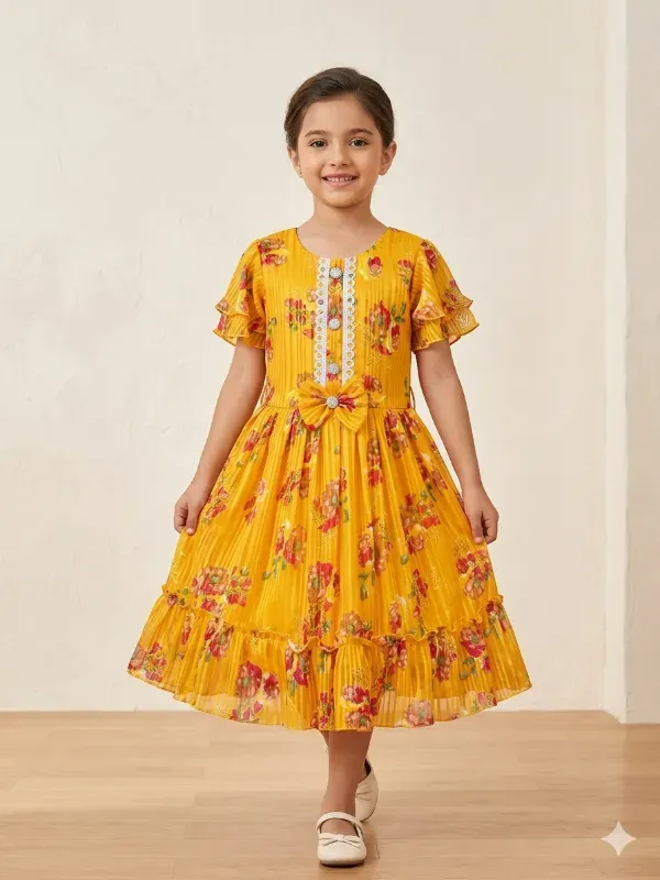 Premium Kids Girls Mustard Yellow Floral Printed Frock | Party Wear Pleated Chiffon Midi Dress for Girls | Elegant Haldi Special Floral Gown with Ruffle Sleeves