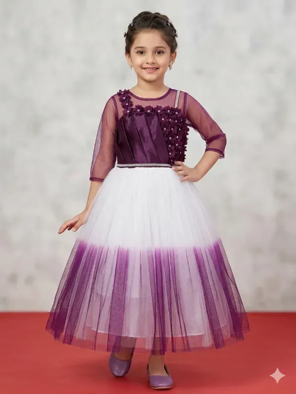 Designer Kids Girls Wine Purple & White Net Frock | Party Wear Ombre Gown with 3D Flower Work | Elegant Wine Mesh Long Maxi Dress for Girls