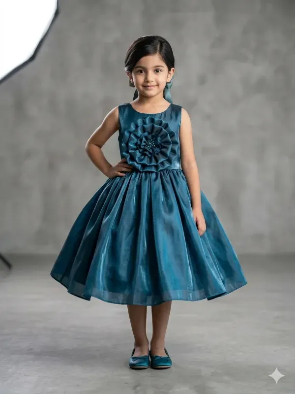 Premium Kids Girls Teal Blue Tissue Silk Frock | Party Wear Sleeveless Metallic Gown with Big Center Rose | Elegant Teal Green Birthday Princess Dress