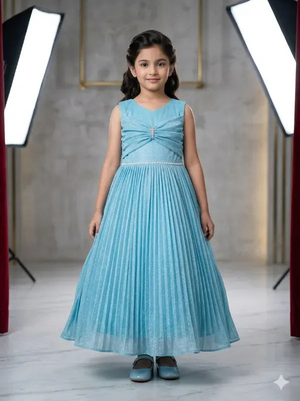 Fancy Kids Girls Sky Blue Shimmer Gown | Party Wear Pleated Long Maxi Dress for Girls | Elegant Sky Blue Sleeveless Birthday Princess Gown