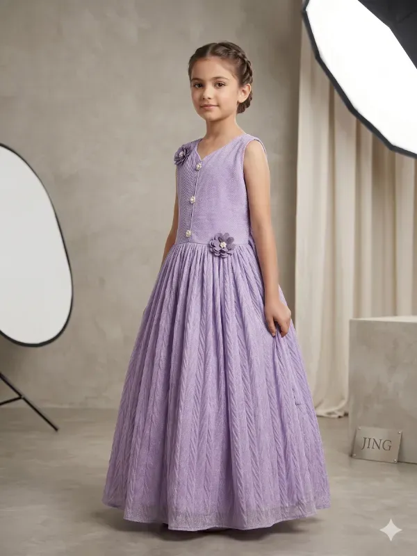 Elegant Kids Girls Lavender Shimmer Gown | Festive Wear Textured Long Maxi Dress for Girls | Beautiful Lavender Sleeveless Birthday Princess Gown with 3D Flowers