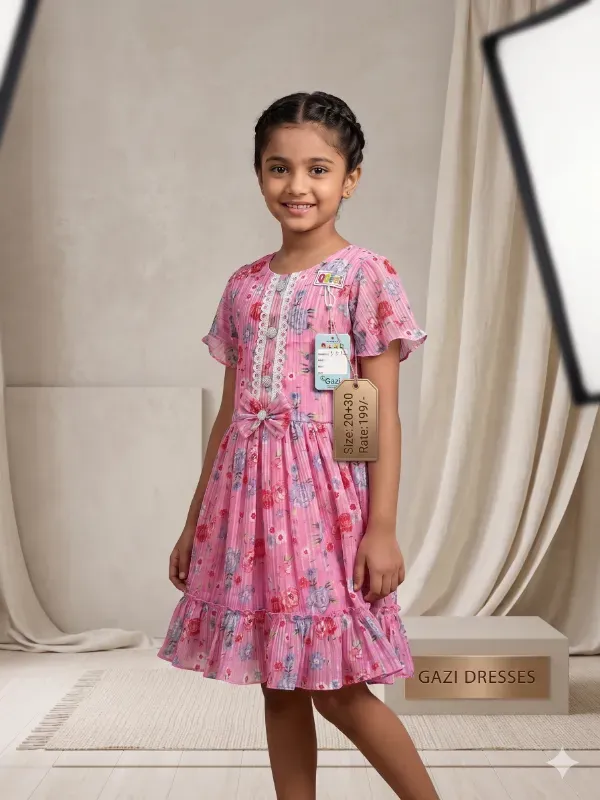 Cute Kids Girls Onion Pink Floral Printed Frock | Party Wear Pleated Chiffon Midi Dress for Girls | Elegant Pink Georgette Summer Frock with Ruffle Sleeves