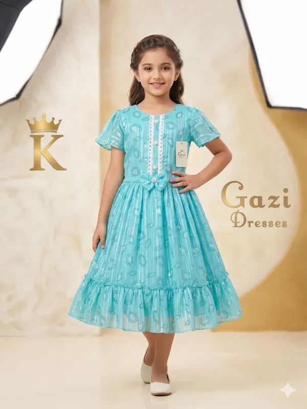 Beautiful Kids Girls Firozi Blue Foil Printed Frock | Party Wear Pleated Georgette Midi Dress for Girls | Elegant Turquoise Blue Summer Frock with Ruffle Sleeves