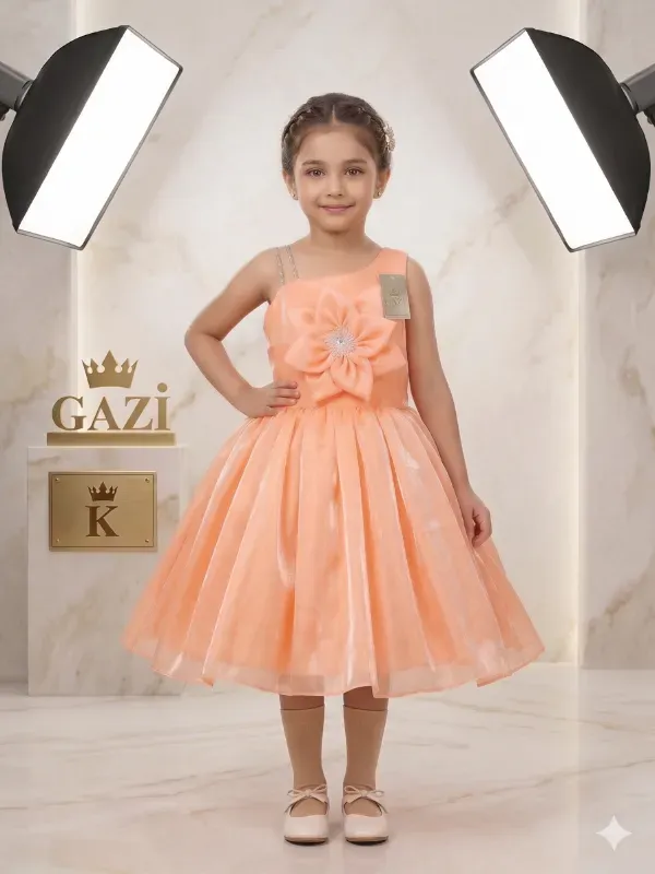 Product Name Premium Kids Girls Peach Shimmer Frock | Party Wear Asymmetric Gown with Big Center Flower | Elegant Peach Tissue Silk Birthday Princess Dress