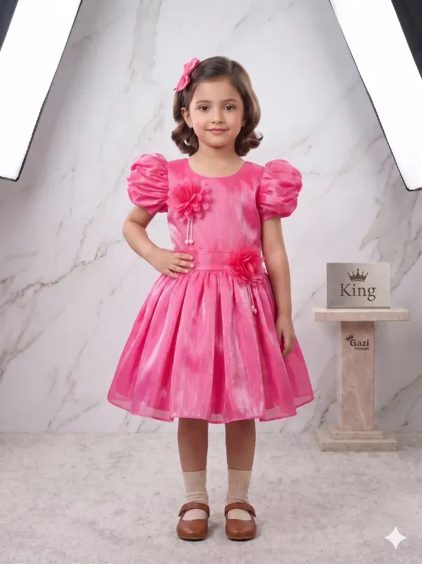 Girls Stylish Pink Puff Sleeve Party Dress
