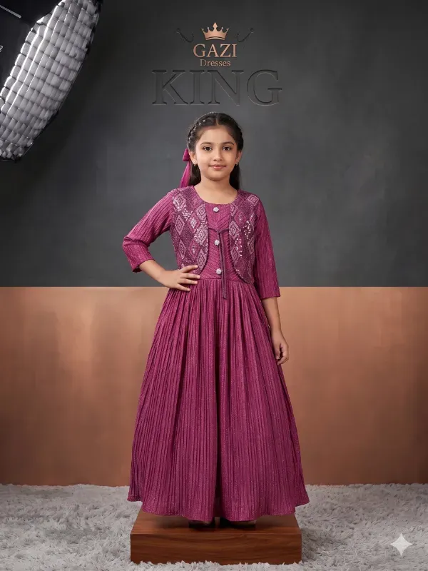 Girls Designer Wine Pleated Party Gown