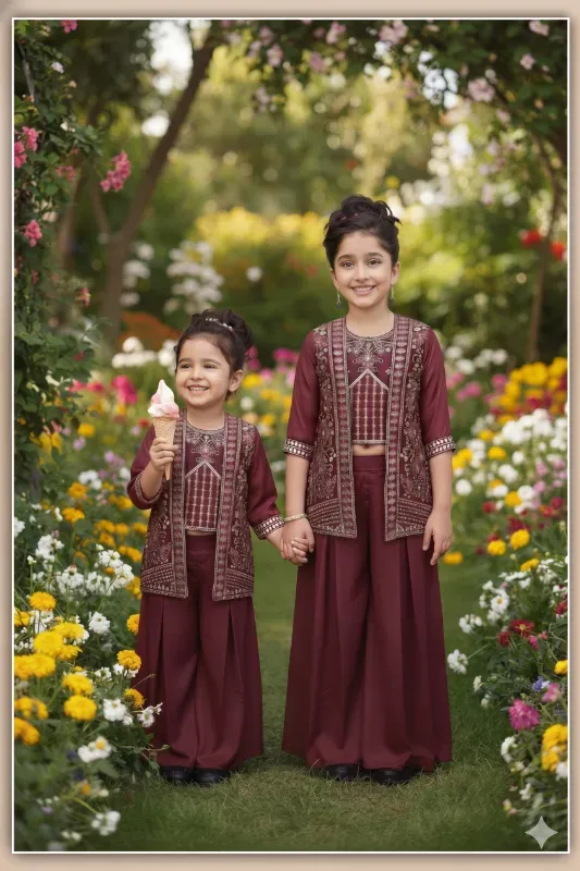 Girls Maroon Embroidered Ethnic Top & Palazzo Set for Kids