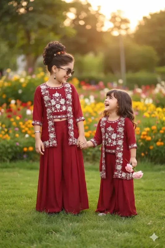 Girls Maroon Embroidered Ethnic Top & Palazzo Set for Kids