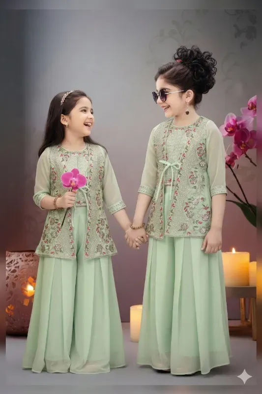 ute Kids Girls Georgette Embroidered Sharara Set With Shrug