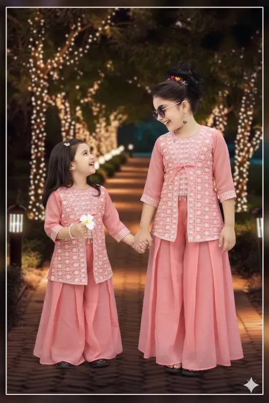 Fancy Kids Girls Chikankari Embroidered Sharara Set With Shrug