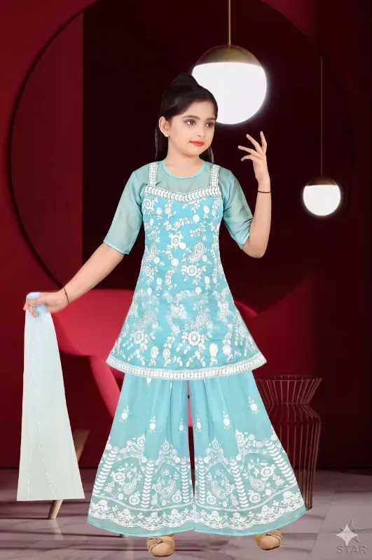 Fancy Girls Georgette Embroidered Kurti Sharara Set With Dupatta