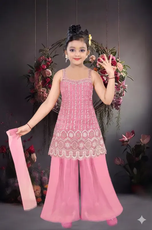 Fancy Girls Georgette Sequins Work Kurti Sharara Set With Dupatta