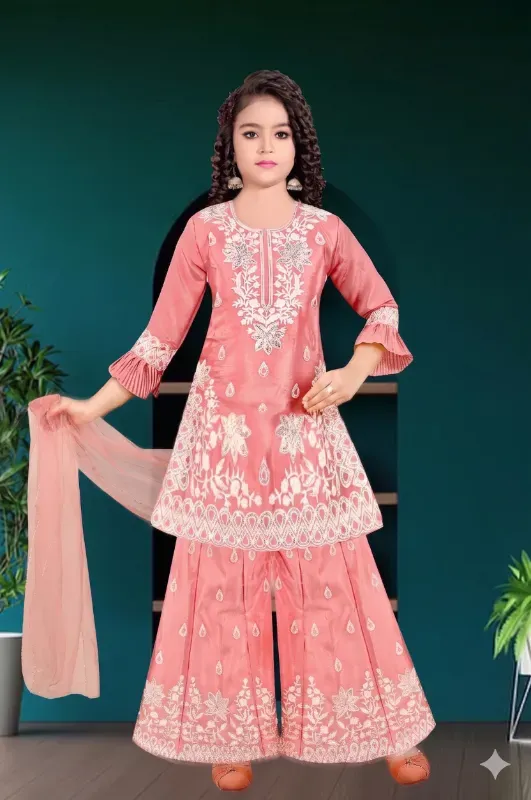 Party Wear Girls Peach Embroidered Palazzo Kurti Dress 3-Piece Set