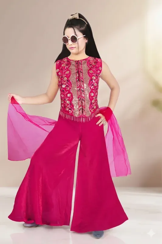 Trendy Sleeveless Dark Pink Palazzo Kurti Dress For Girls