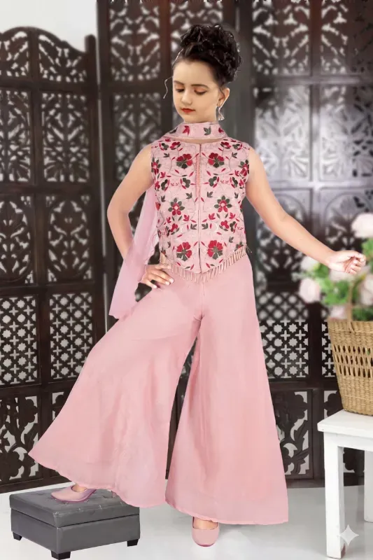 Kids Girls Ethnic Heavy Floral Thread Work Sharara Suit 3-Piece Set