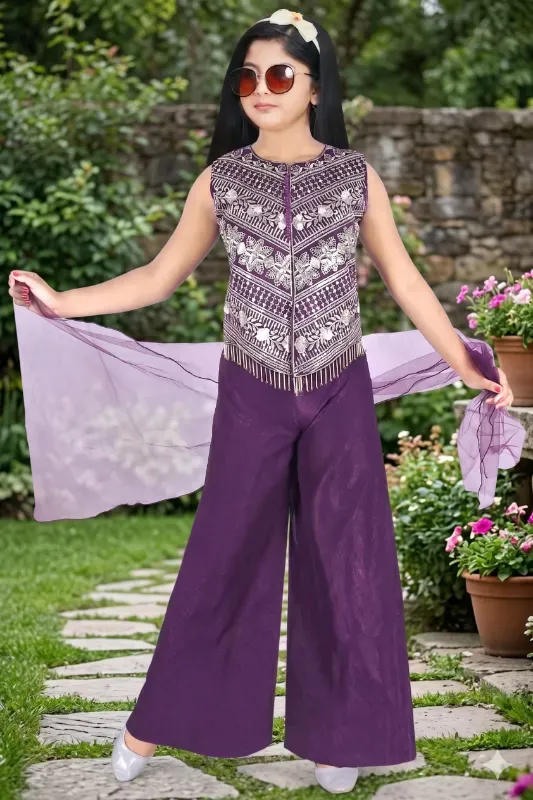 Fancy Kids Girls Wine Purple Embroidered Kurti Sharara Set With Dupatta