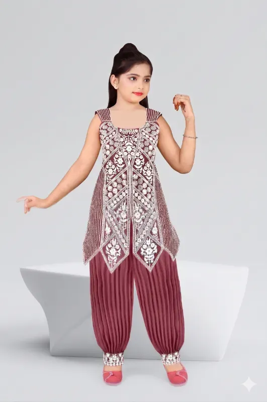 Kids Girls Ethnic Floral Thread & Sequin Work Indo Western Salwar Suit