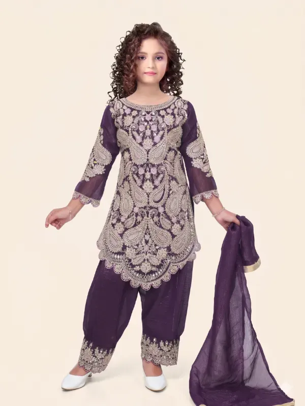 Kids Girls Ethnic Heavy Paisley Zari Work Punjabi Suit 3-Piece Set