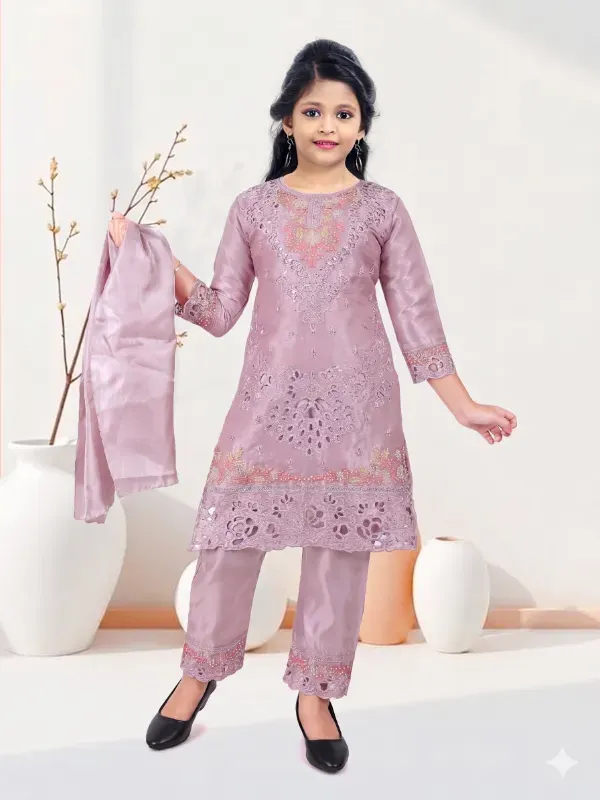 Kids Girls Ethnic Heavy Chikankari Cut-Work Straight Suit 3-Piece Set