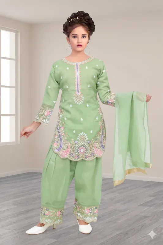 Fancy Kids Girls Light Green Georgette Embroidered Kurti Salwar Set With Dupatta
