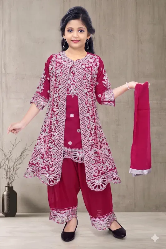 Fancy Kids Girls Georgette Heavy Embroidered Kurti Salwar Set With Shrug