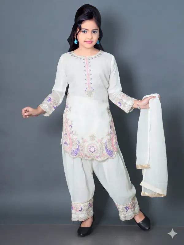 Fancy Kids Girls Off White Georgette Embroidered Kurti Salwar Set With Dupatta