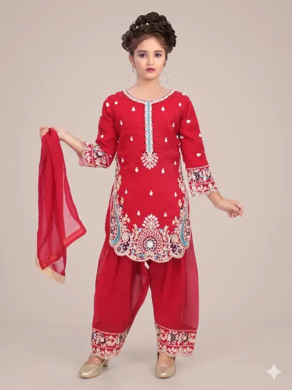 Fancy Kids Girls Red Georgette Heavy Embroidered Kurti Salwar Set With Dupatta