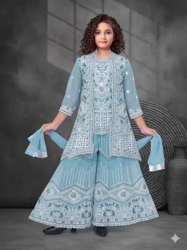Fancy Kids Girls Mint Green Georgette Embroidered Kurti Sharara Set With Shrug