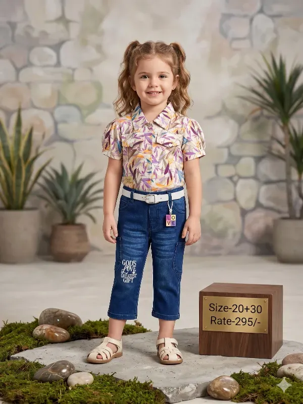 Girls Printed Shirt Top & Denim Capri Set