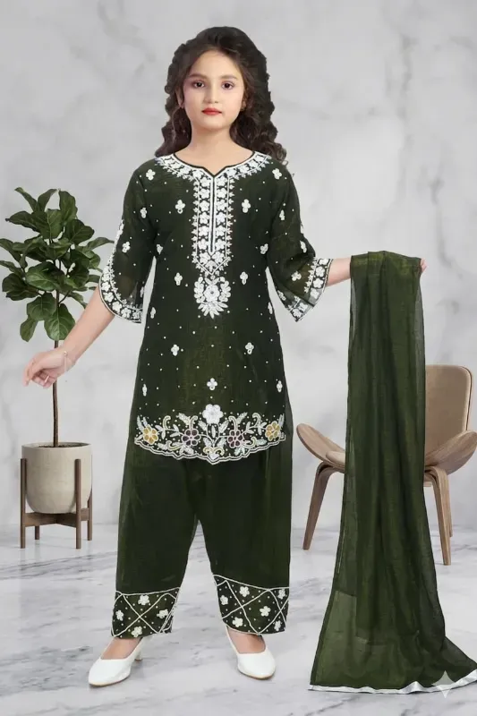 Trendy Kids Girls Festive Heavy Embroidery Georgette Kurta Patiala Pant With Dupatta Set (Dark Green)