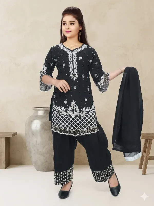 Trendy Kids Girls Festive Heavy Embroidery Georgette Kurta Patiala Pant With Dupatta Set (Black)