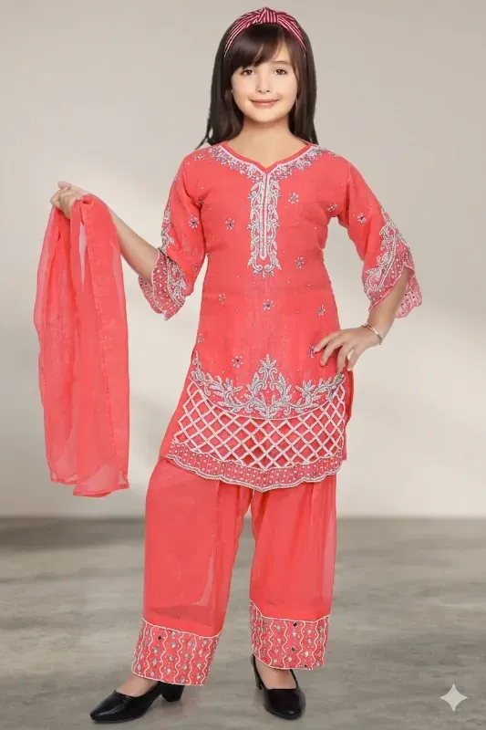Trendy Kids Girls Festive Heavy Embroidery Georgette Kurta Patiala Pant With Dupatta Set (Gajri/Peach-Pink)