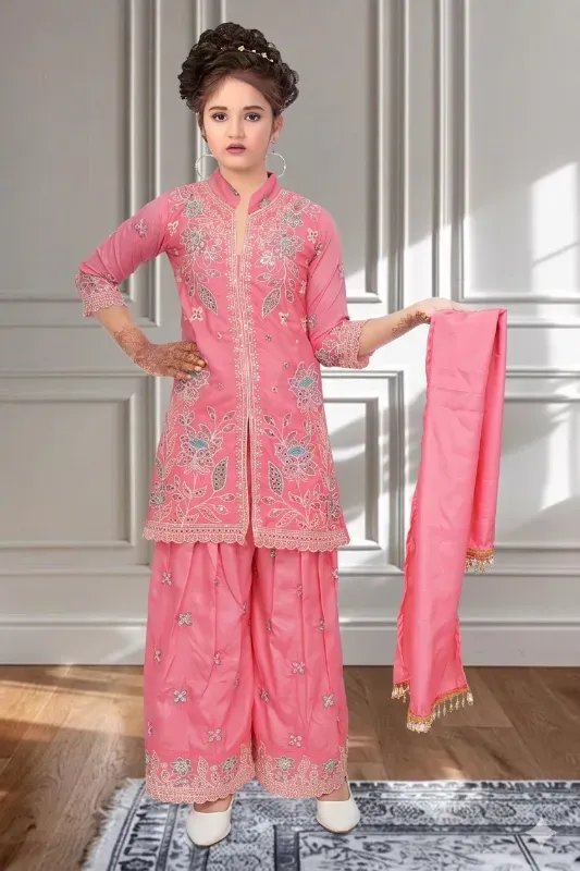 Trendy Kids Girls Festive Floral Embroidery Georgette Front-Slit Kurta Sharara Palazzo With Dupatta Set (Pink)