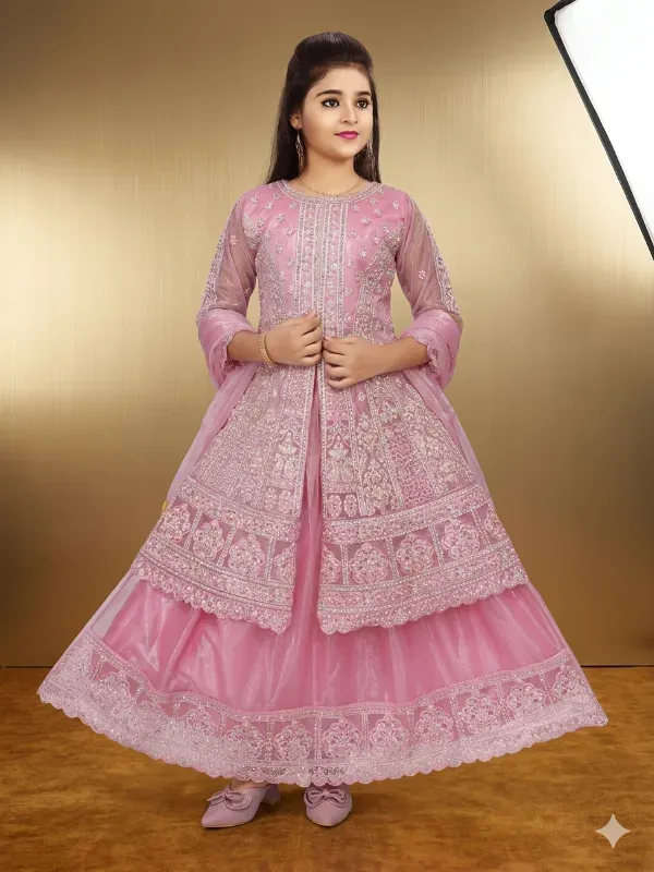 Premium Kids Girls Festive Heavy Embroidery Net Shrug Style Lehenga Gown With Dupatta Set (Pink)