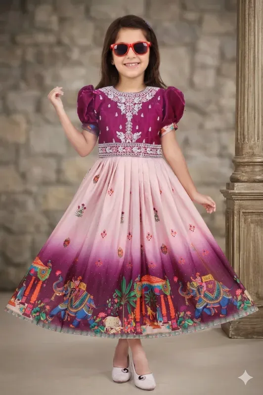 Classic Kids Girls Festive Traditional Elephant Print Ombre Flared Frock Gown (Wine-Pink)