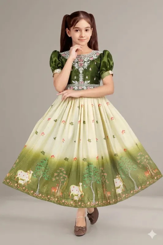 Classic Kids Girls Festive Traditional Cow & Nature Print Ombre Flared Frock Gown (Green-Cream)
