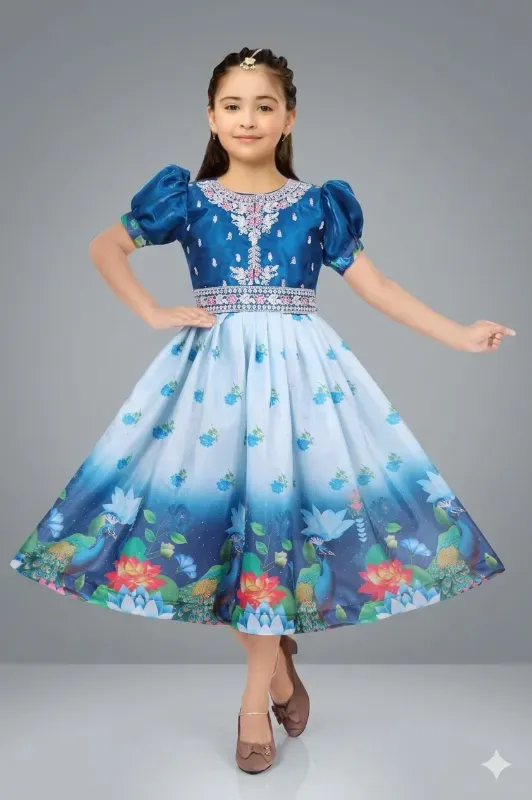 Classic Kids Girls Festive Traditional Peacock & Lotus Print Ombre Flared Frock Gown (Blue-Sky Blue)