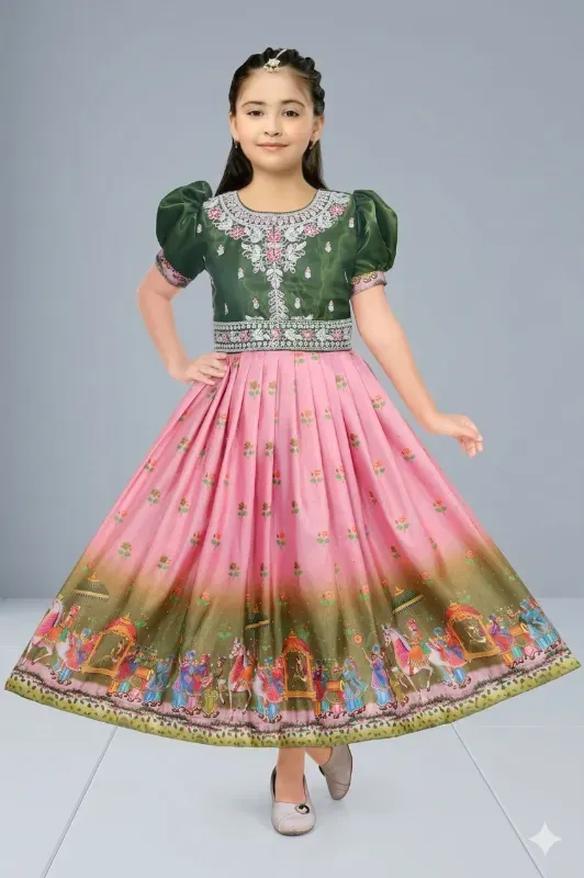 Classic Kids Girls Festive Traditional Baraat Print Ombre Flared Frock Gown (Green-Pink)