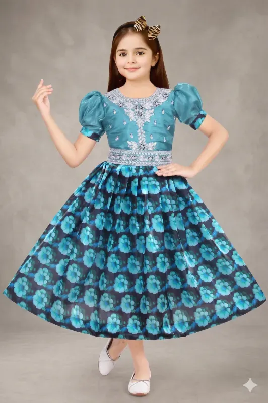 Classic Kids Girls Festive All-Over Floral Print Flared Frock Gown (Rama Blue/Teal Blue)