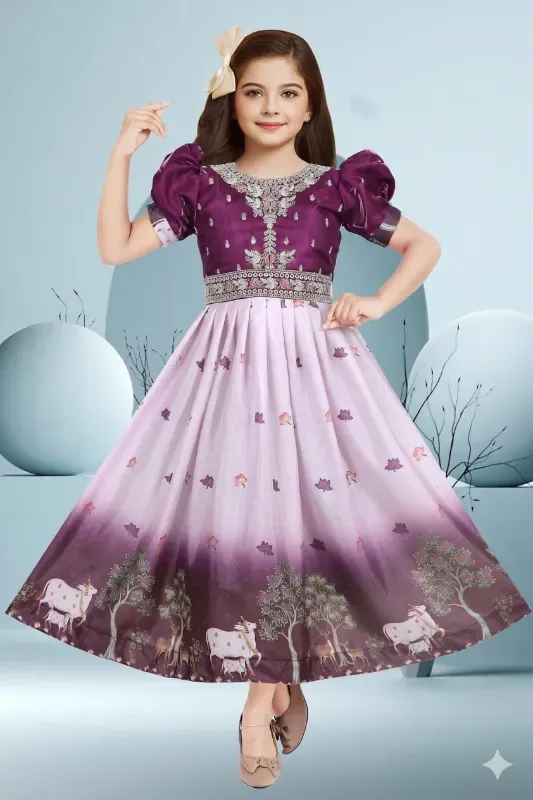 Classic Kids Girls Festive Traditional Cow & Nature Print Ombre Flared Frock Gown (Wine-Light Pink)