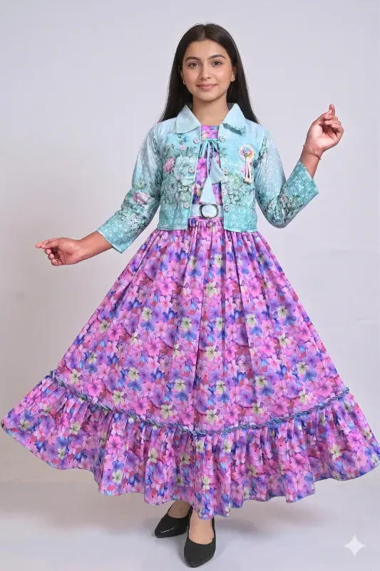 Trendy Kids Girls Festive All-Over Floral Print Flared Gown With Designer Denim-Style Printed Jacket Set (Purple-Sky Blue)