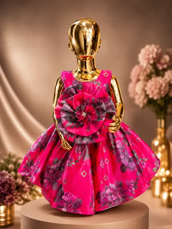 Premium Kids Girls Floral Print Festive Frock Dress with Big Center Flower | Fancy Rani Pink Partywear Birthday Gown For Girls