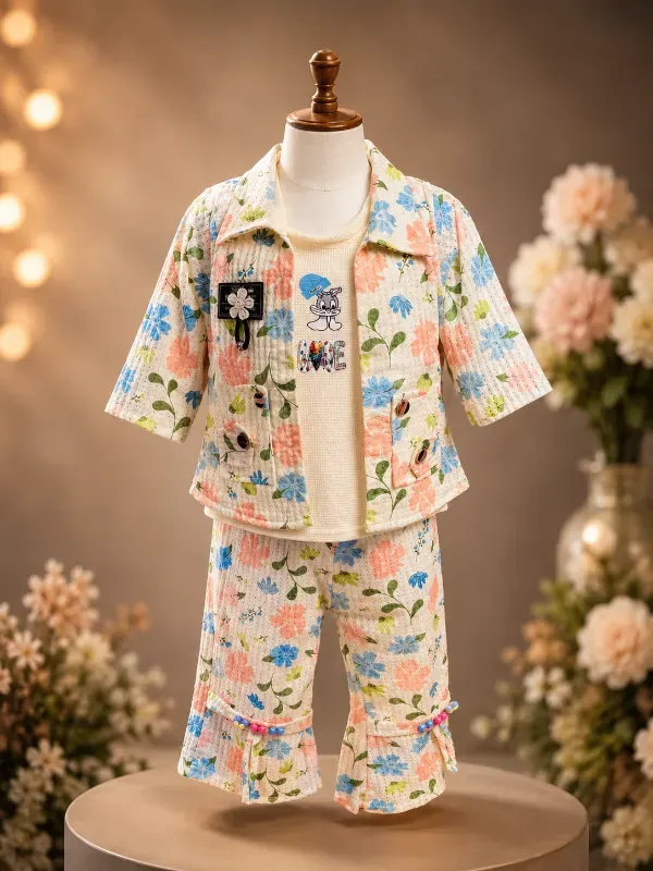 Modern Kids Girls Floral Print 3-Piece Co-Ord Set With Shrug Jacket, Inner T-Shirt & Capri Pants | Fancy Cotton Blend Trendy Partywear Dress For Girls