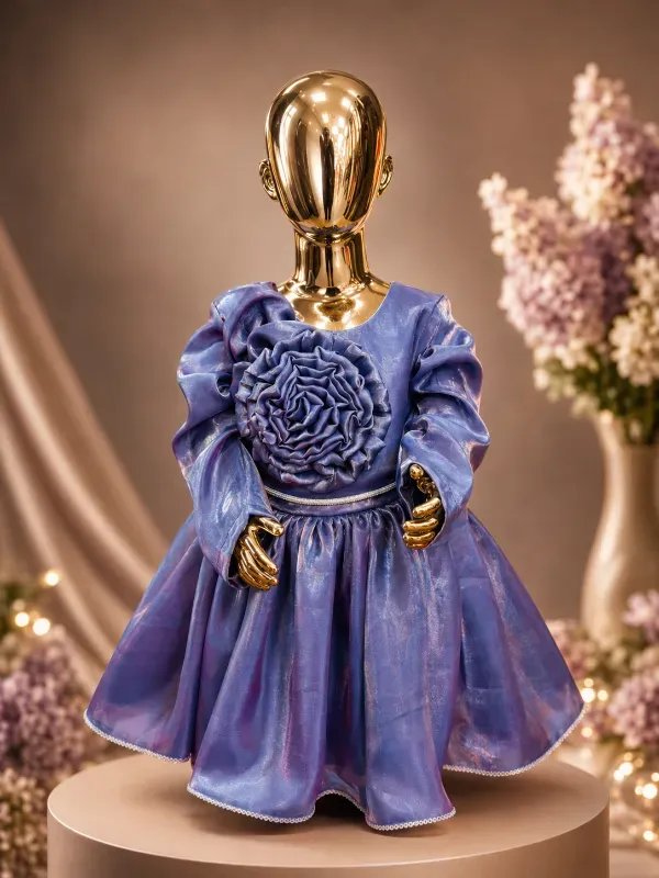 Premium Kids Girls Metallic Shimmer Frock Dress With Big Rose Brooch | Elite Lavender Purple Full Sleeve Partywear Birthday Gown For Girls