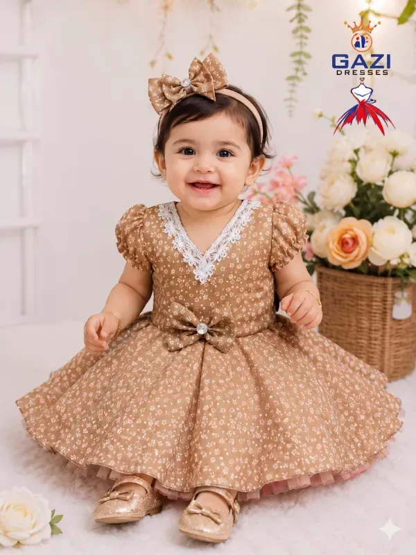 Premium Cute Baby Girls Cotton Print Frock Dress With Matching Hairband Combo | Fancy Brown Tiny Floral Print Partywear Birthday Dress For Infants & Toddlers By Gazi Dresses