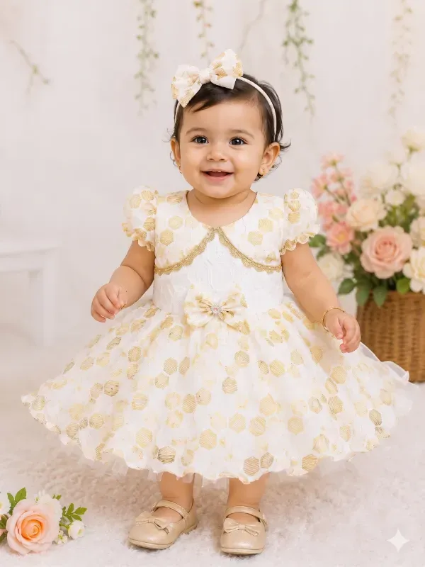 Premium Cute Baby Girls Golden Foil Print Frock Dress with Matching Hairband Combo | Fancy Cream Partywear Birthday Gown For Infants & Toddlers