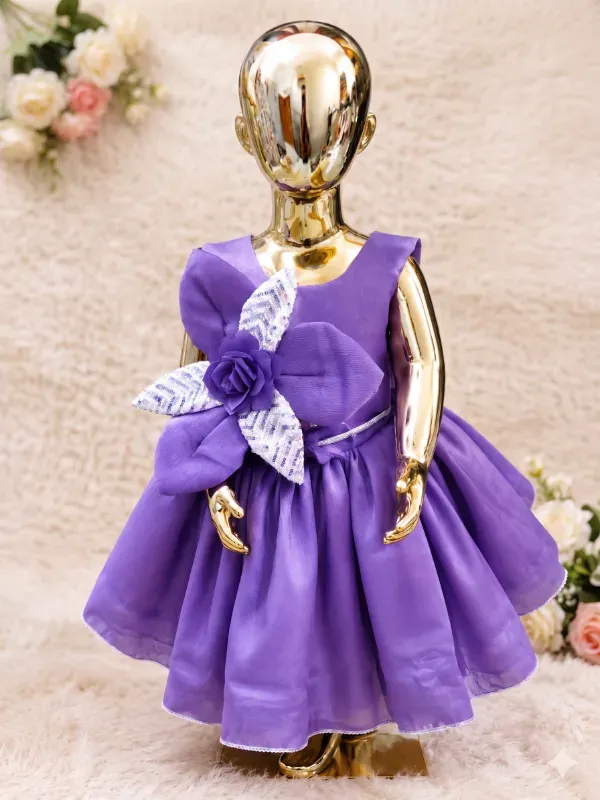 Premium Kids Girls Organza Layered Frock Dress with Large Sequin Flower | Fancy Purple Partywear Birthday Gown For Girls