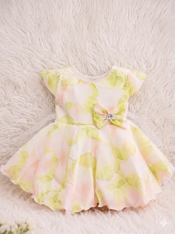 Premium Kids Girls Floral Print Organza Frock Dress with Waist Bow | Elegant Pastel Green & Pink Partywear Birthday Gown For Girls
