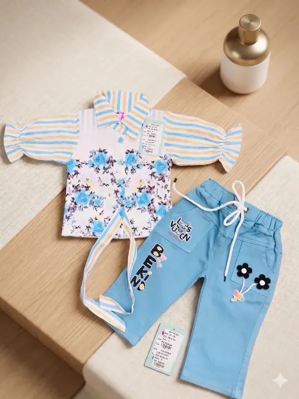 Premium Kids Girls Floral Print Shirt & Jeans Pants Set With Belt | Trendy Cotton Blend Casual Blue Top & Denim-Look Trousers Co-Ord Set For Girls